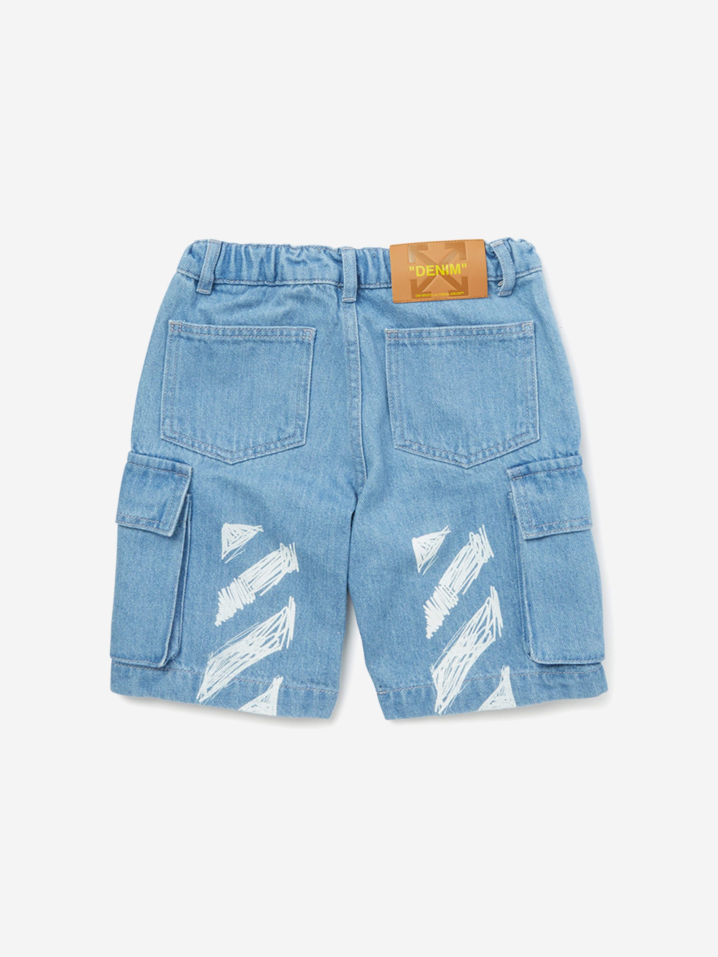 Off-White Boys Diag Sketch Denim Cargo Shorts in Blue