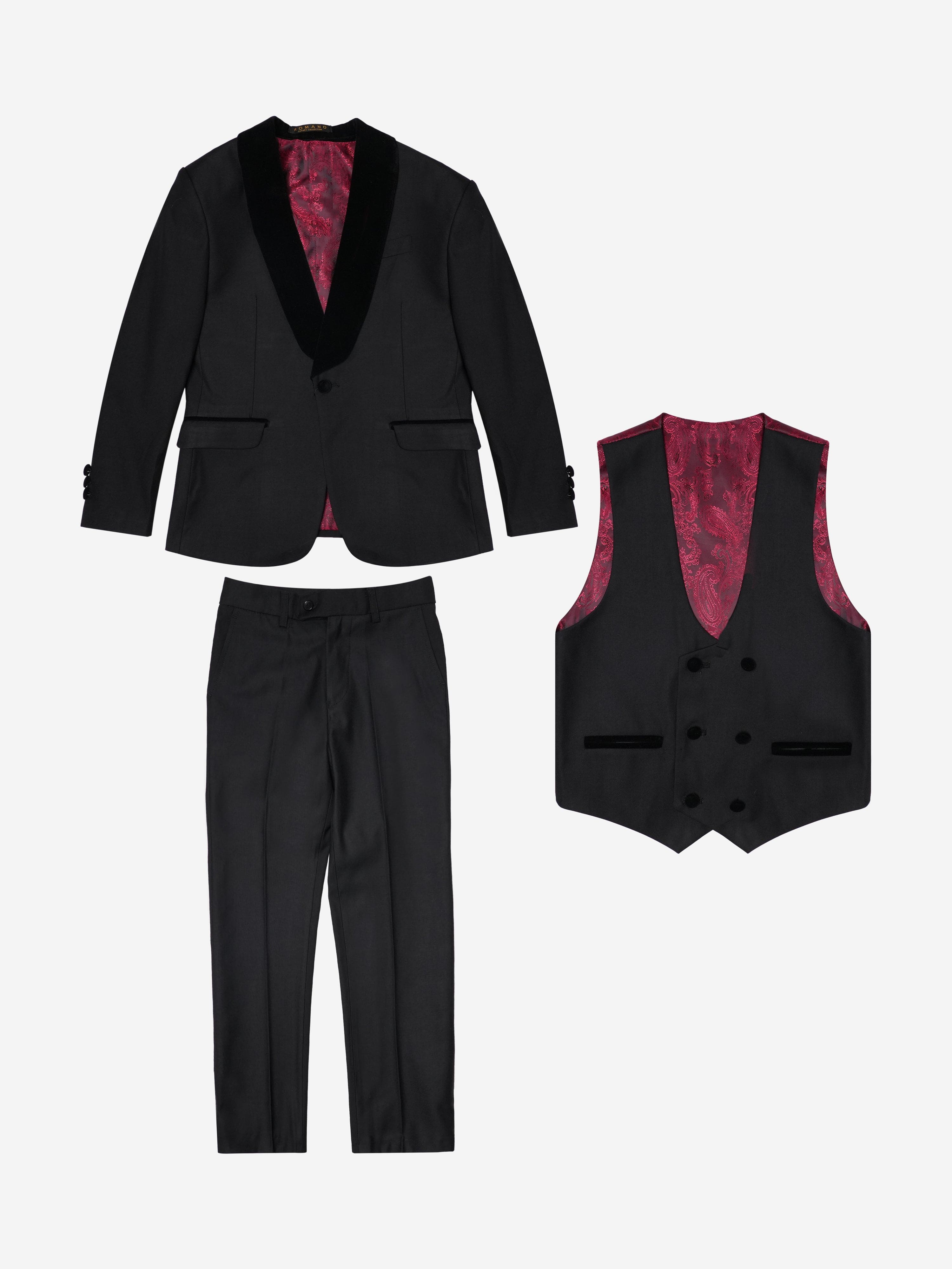 Romano Boys Banana Collar 3 Piece Suit in Black