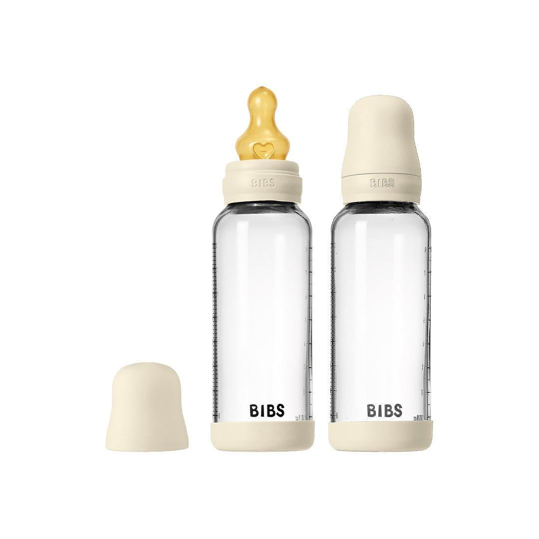 BIBS 2 Pack Medium Flow Glass Baby Bottle Round Latex - 240ml - Ivory-Baby Bottles-Ivory-240ml | Natural Baby Shower