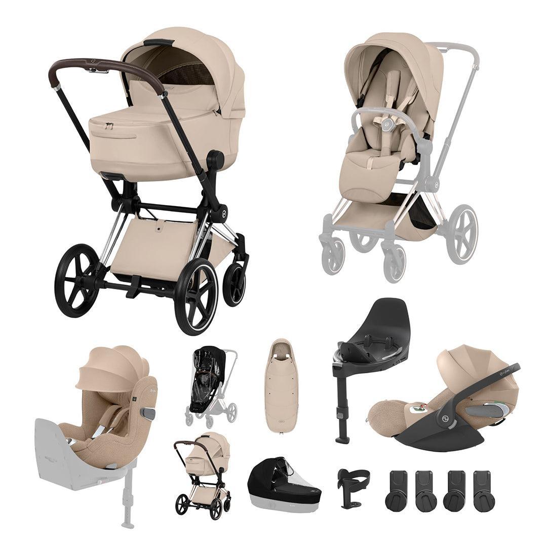 Cybex Priam Ultimate Birth & Beyond Bundle - Style Collection-Travel Systems-Cozy Beige-Chrome Brown | Natural Baby Shower