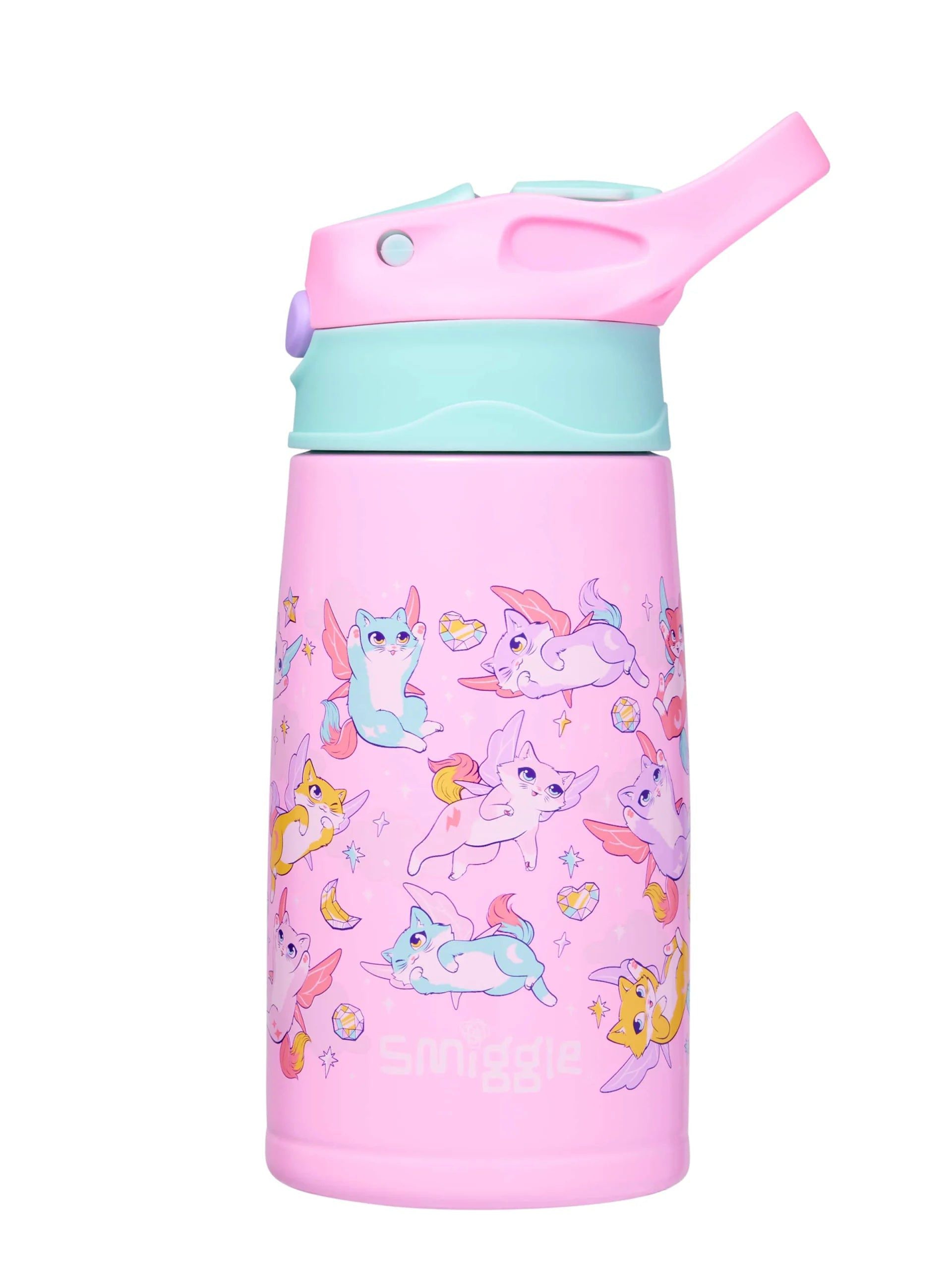 Smiggle - Happy Tales Çelik Otomatik Pipetli 400ML Matara-Dinossi