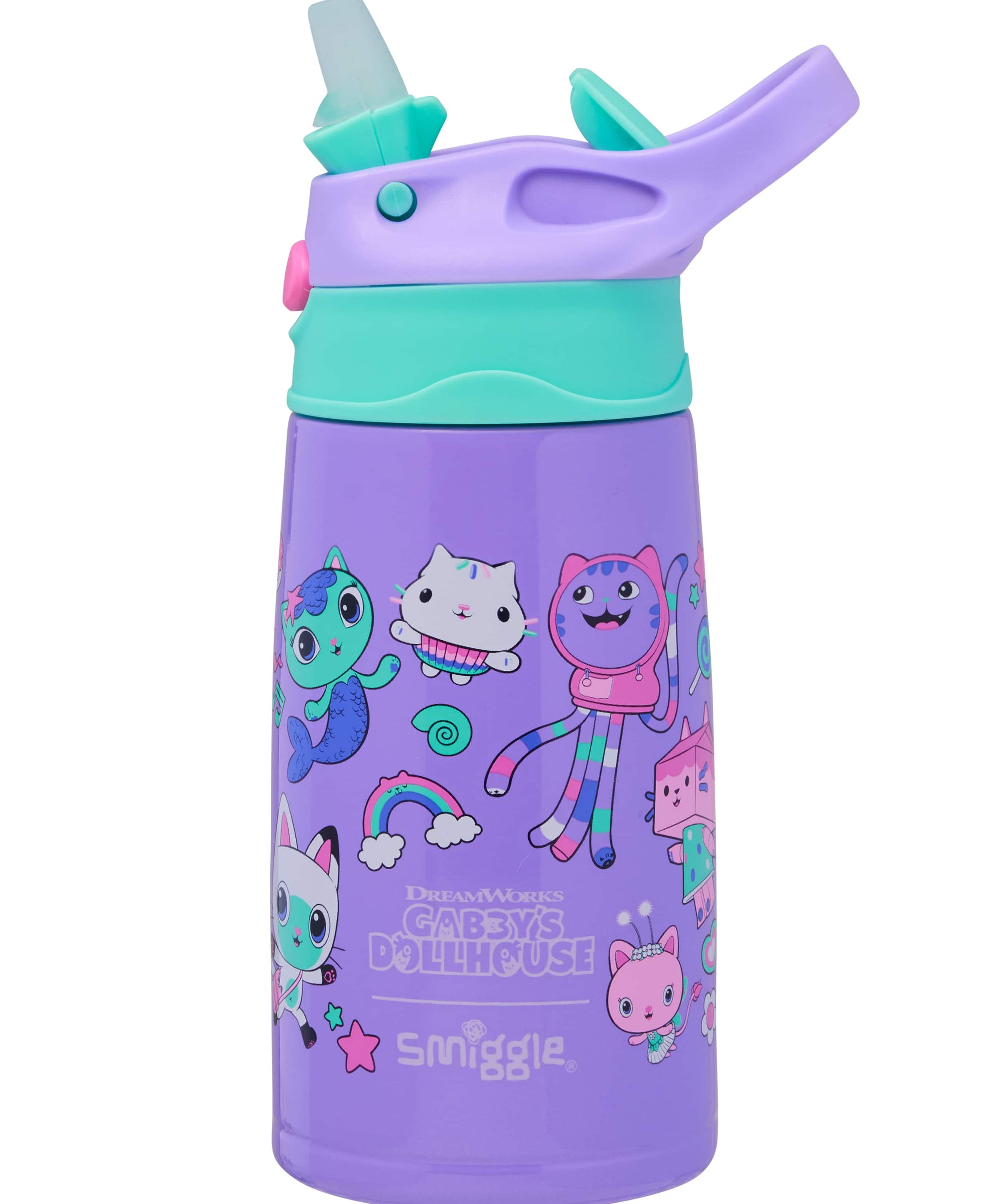 Smiggle - Gabbys Dollhouse 400ML Otomatik Pipetli Çelik Matara-Dinossi