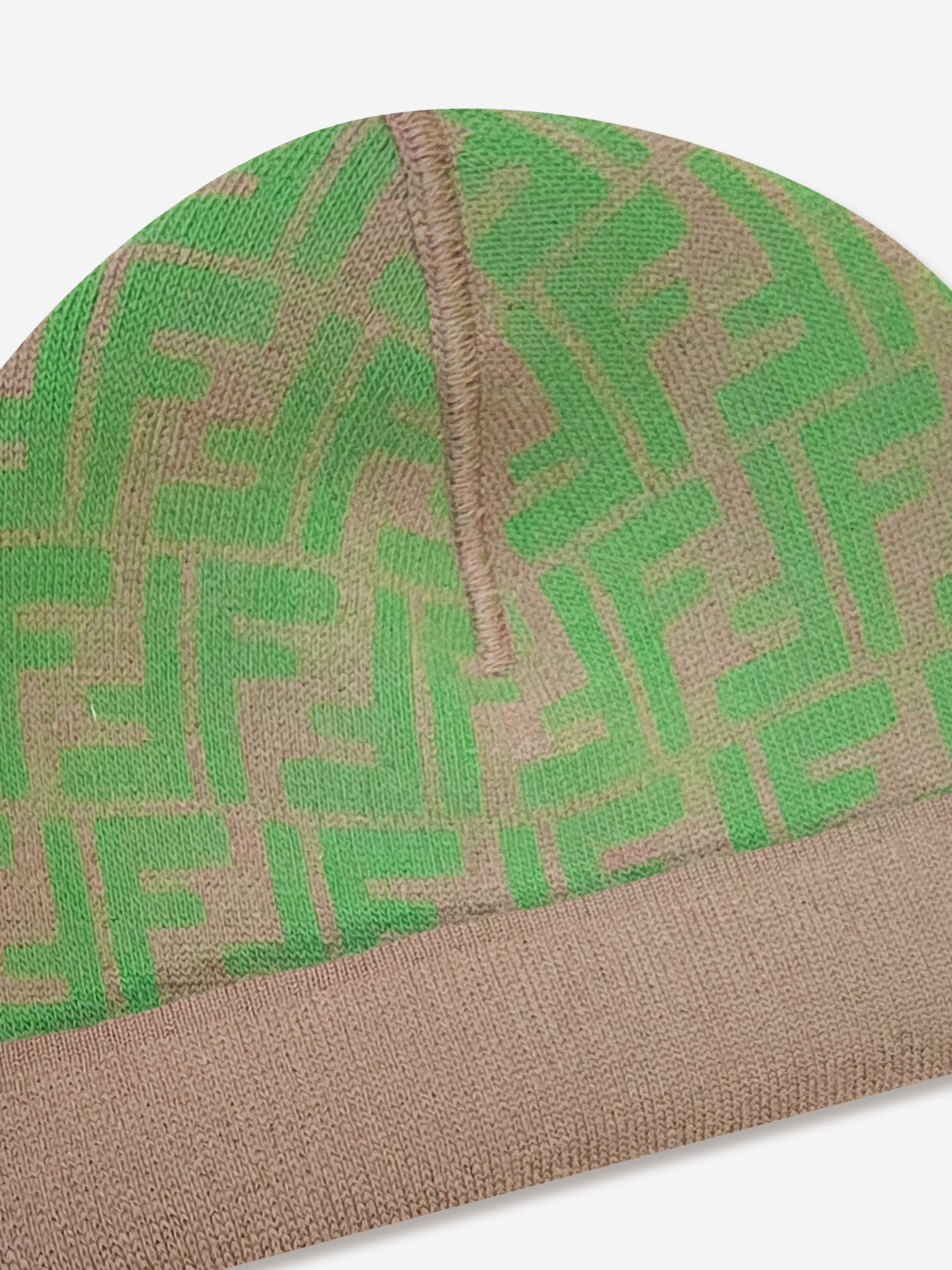 Fendi Kids FF Logo Reversible Beanie in Beige