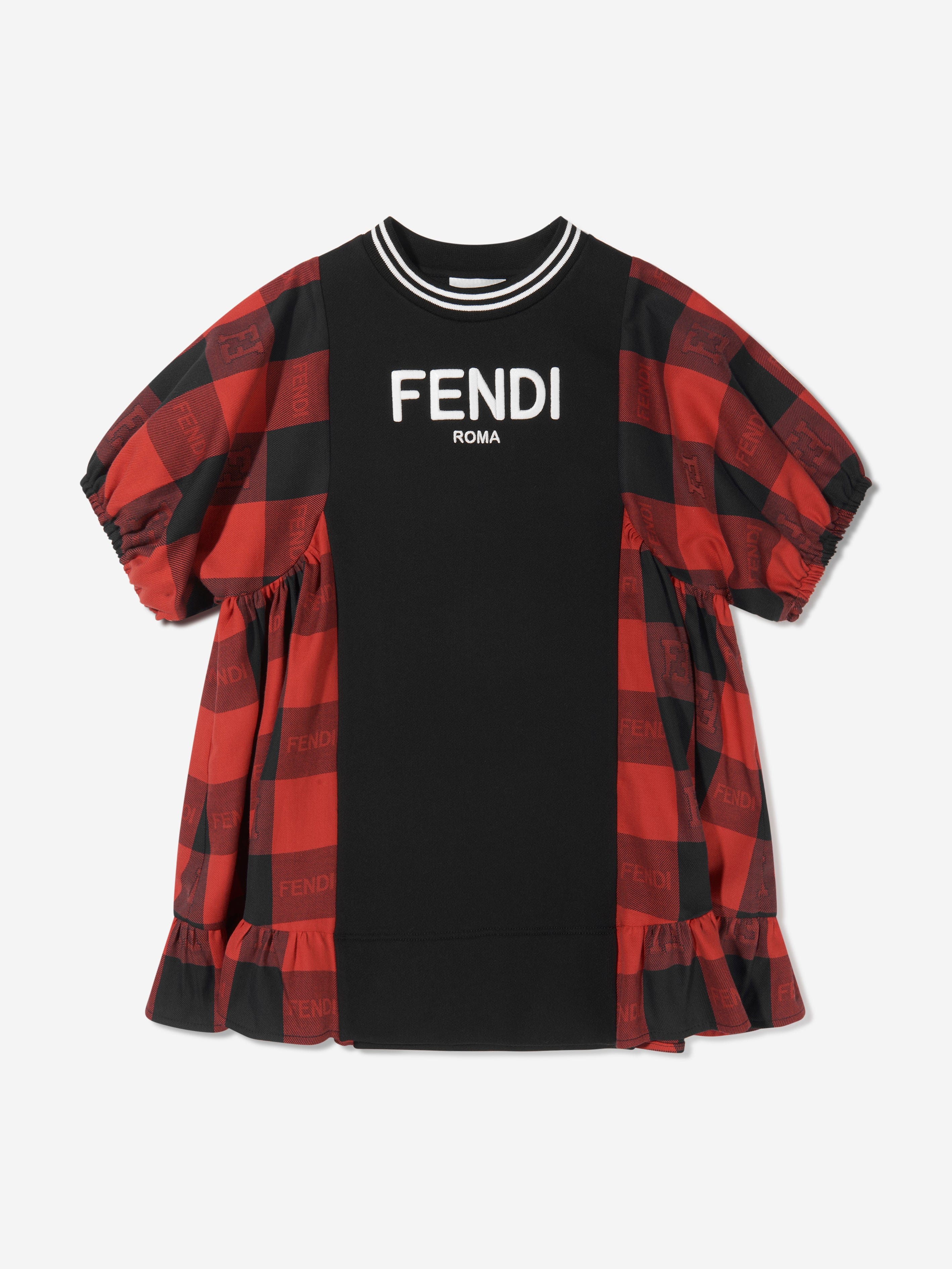 Fendi Girls Checked A-Line Dress in Black