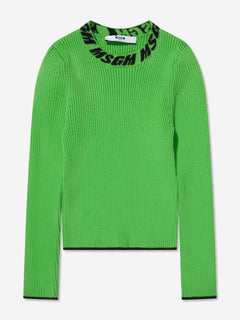 MSGM Girls Rib Knitted Turtleneck Jumper in Green
