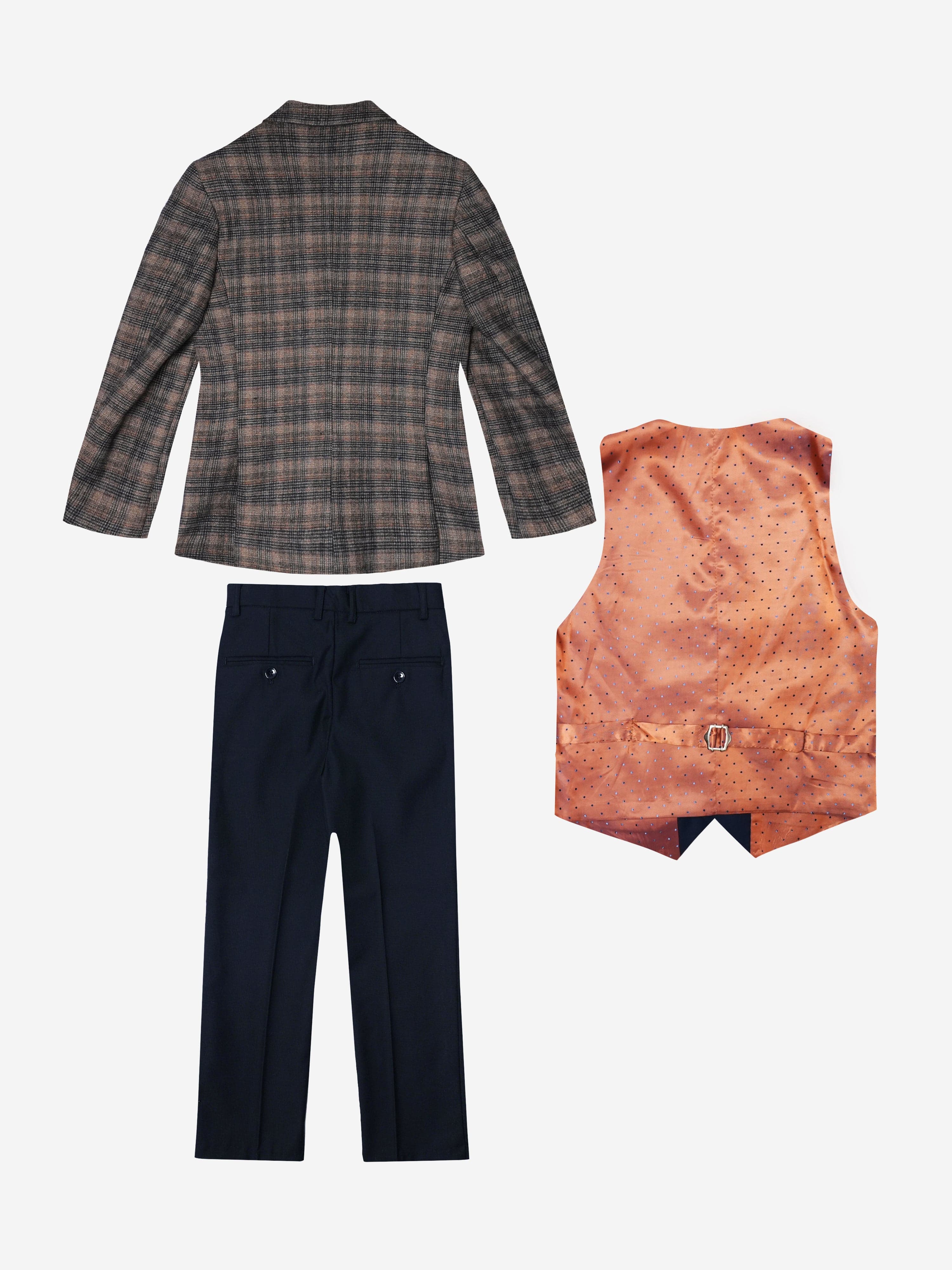 Romano Boys Check 3 Piece Suit in Brown