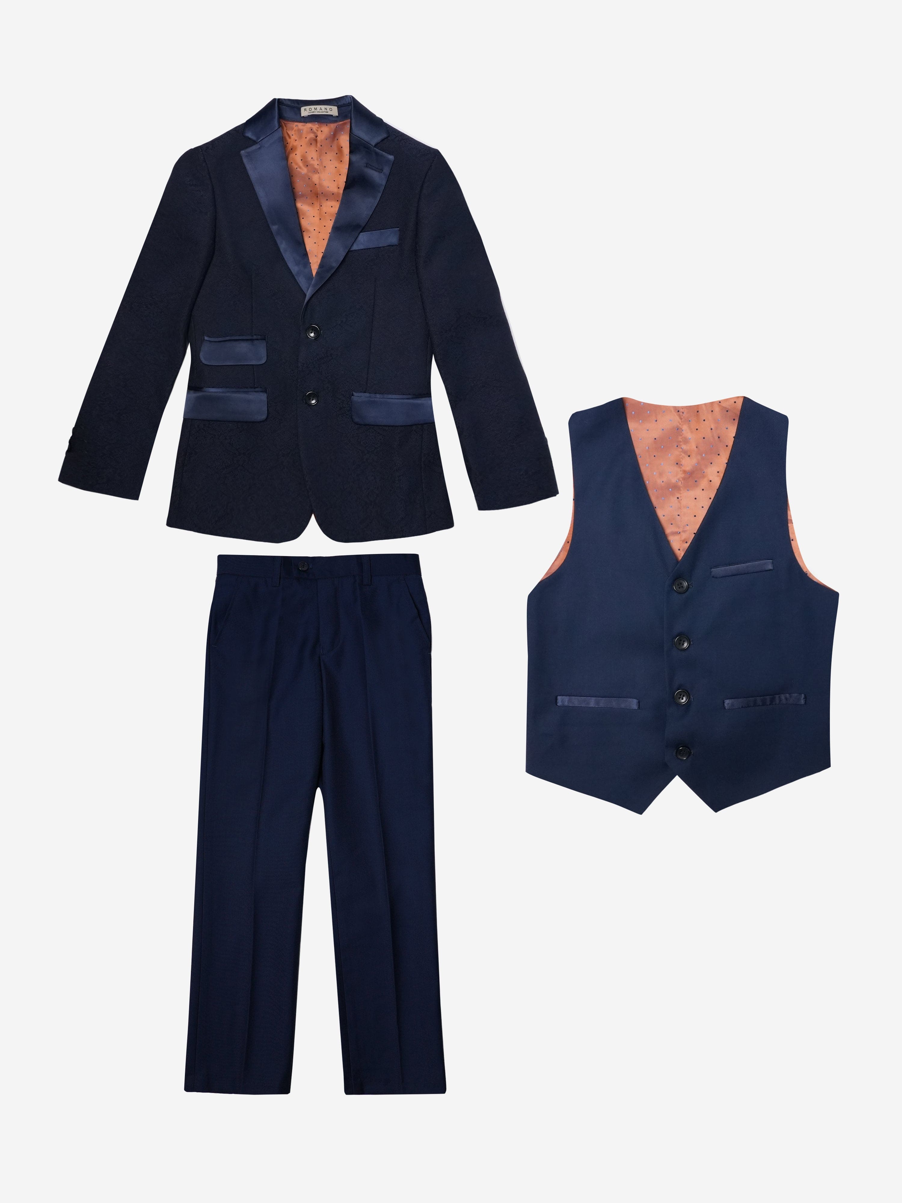 Romano Boys Jacquard 3 Piece Suit in Navy