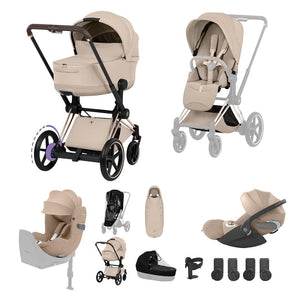 Cybex e-Priam Ultimate Birth & Beyond Bundle - Style Collection-Travel Systems-Cozy Beige-Rose Gold | Natural Baby Shower
