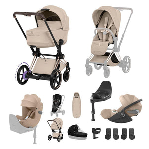 Cybex e-Priam Ultimate Birth & Beyond Bundle - Style Collection-Travel Systems-Cozy Beige-Rose Gold | Natural Baby Shower