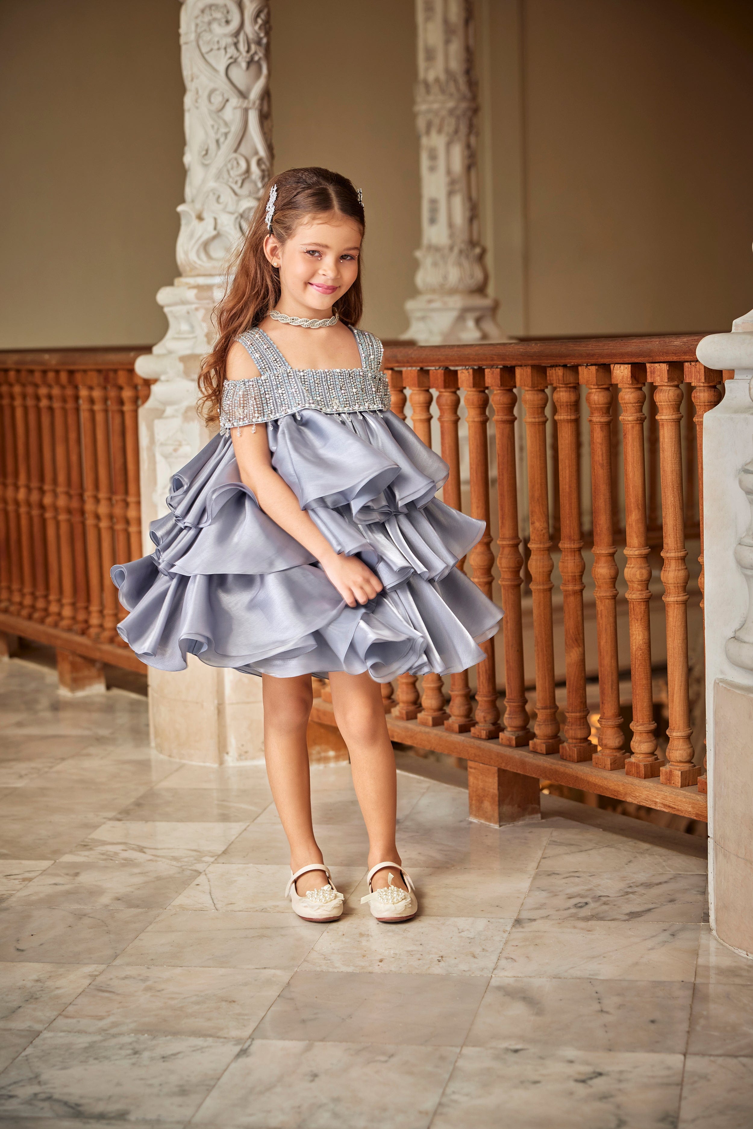 Maison Ava Girls Lumi Icy Occasion Dress in Grey