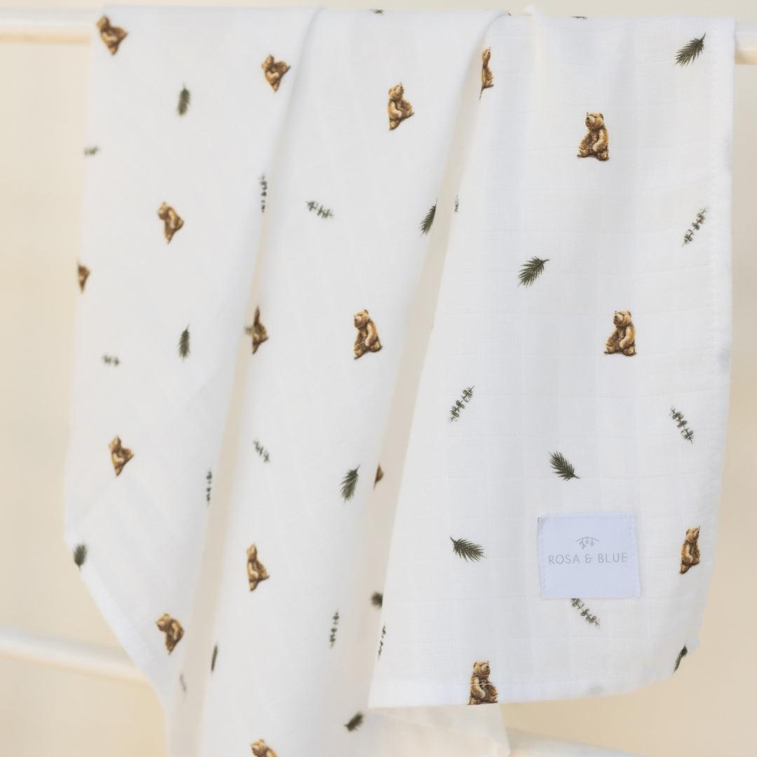 Rosa & Blue Muslin Squares - Brown Bear - 3 Pack-Muslin Squares-Brown Bear- | Natural Baby Shower