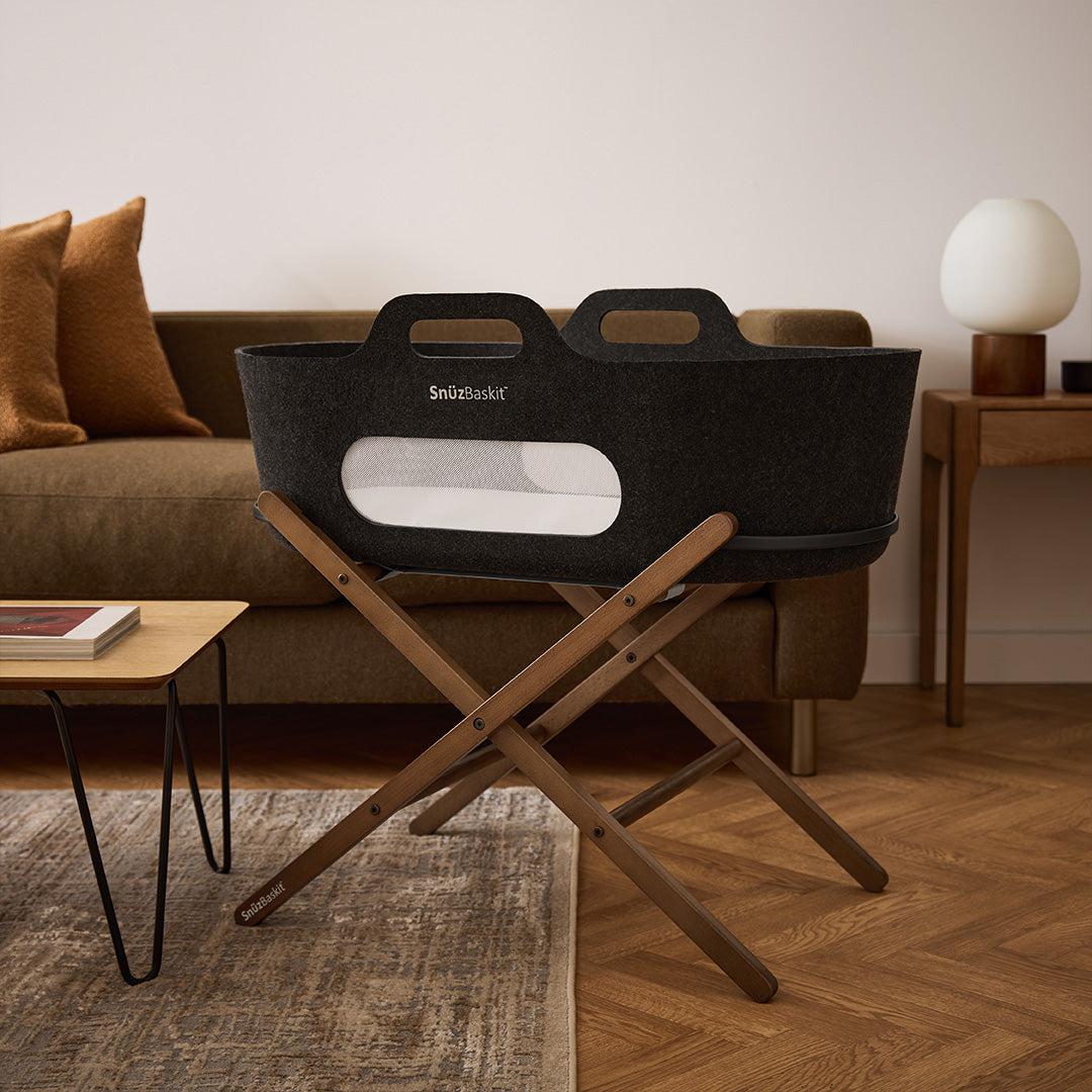 SnuzBaskit Graphite Moses Basket + Walnut Stand - Graphite / Walnut-Moses Baskets-Graphite / Walnut- | Natural Baby Shower