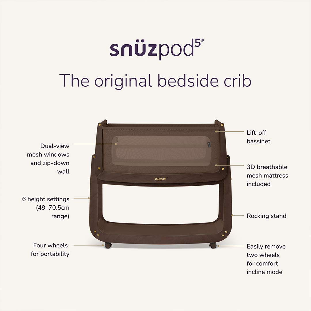 SnuzPod 5 Bedside Crib - Chocolate-Bedside Cribs-Chocolate-Crib | Natural Baby Shower